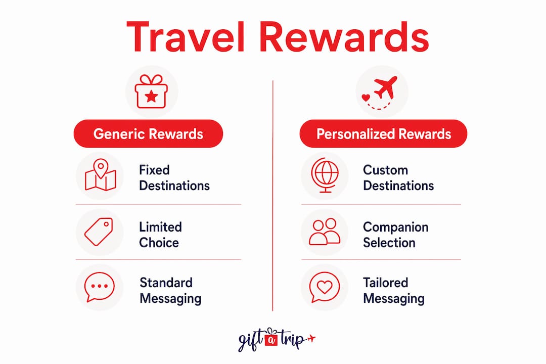 why choose travel for milestone recognition in 2026 5 infographic comparing generic and personalized travel rewards