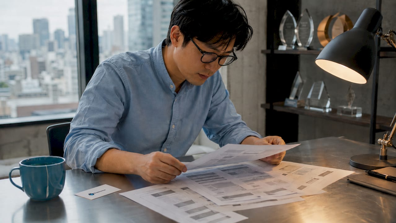 man reviewing homepage wireframe closely