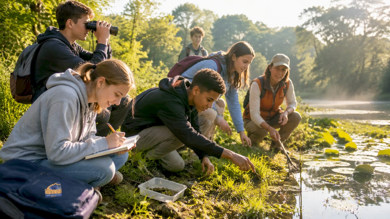 students studying wetland ecosystem outdoors
