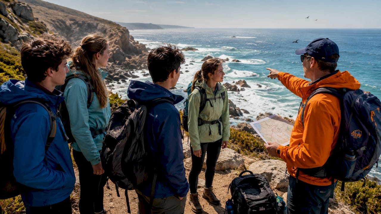 team travel supervision guide for coaches in 2026 5 students pause on hiking trail with coach guidance