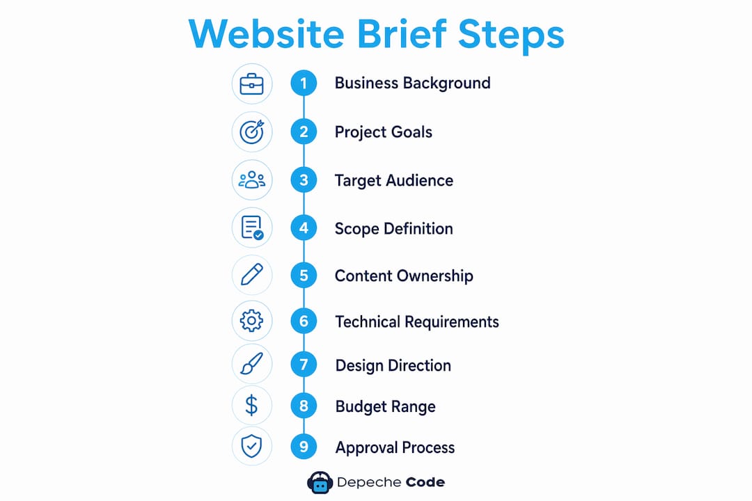 infographic illustrating key steps of a website development brief