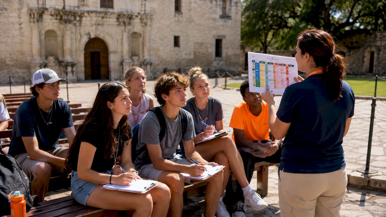 what is travel risk management for school groups? 3 students learning travel safety from chaperone outdoors