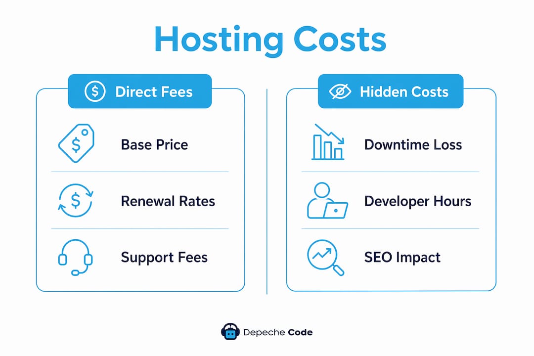 infographic comparing direct fees and hidden costs of hosting