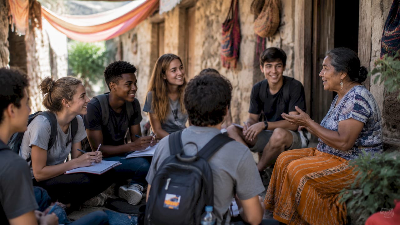 students listening to local elder inside home