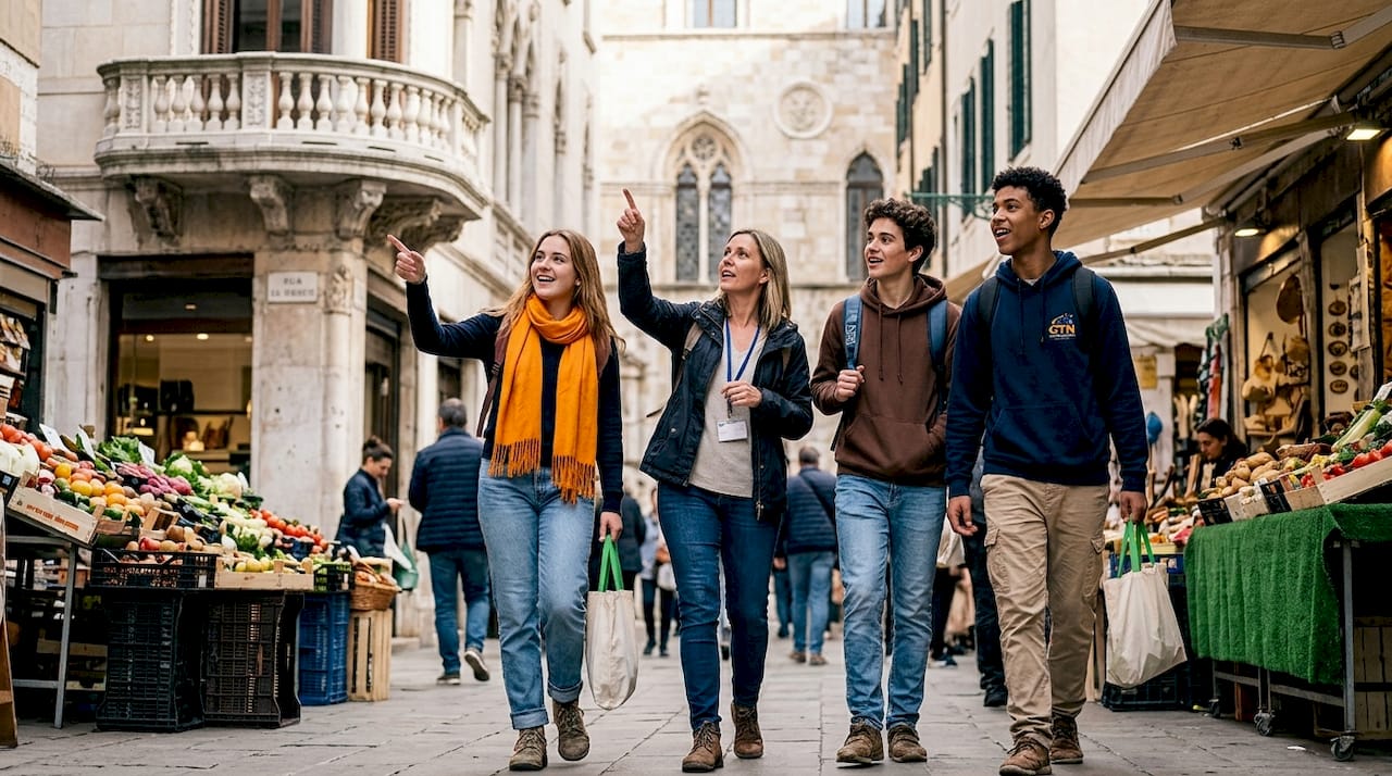 students exploring historic city street