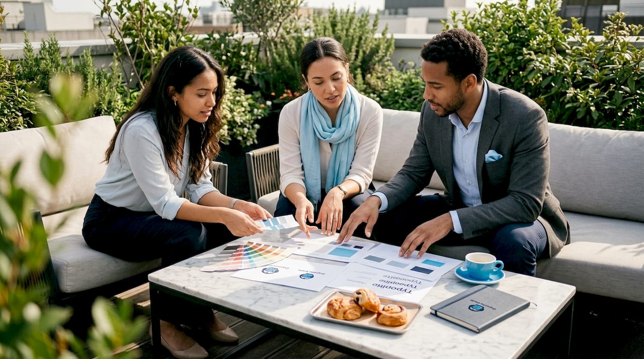 team arranging branding materials on table