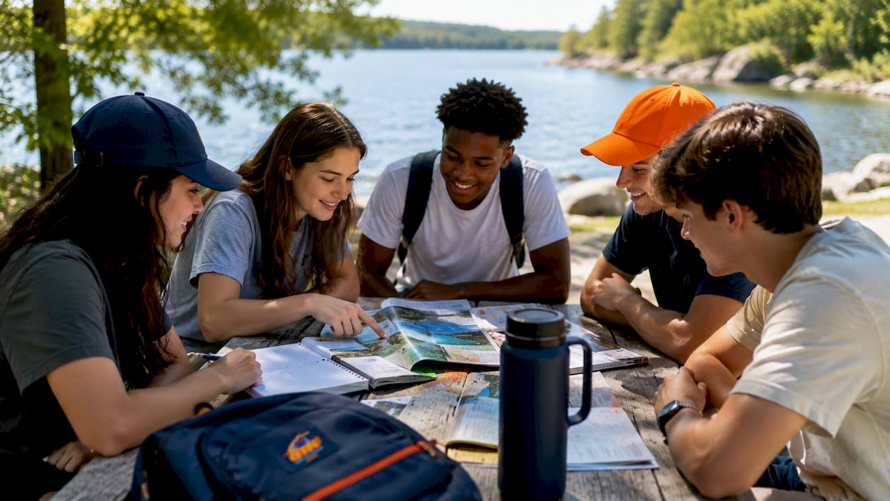 the role of travel community building in education 3 students collaborating on outdoor travel trip
