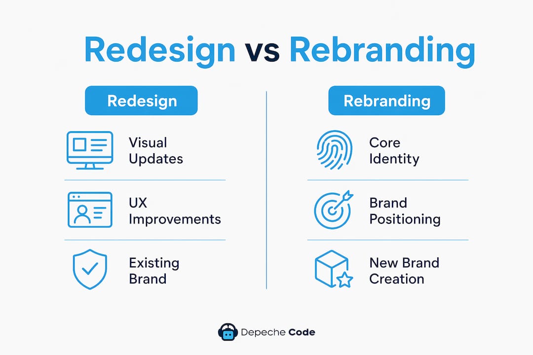 Infographic comparing redesign with rebranding aspects