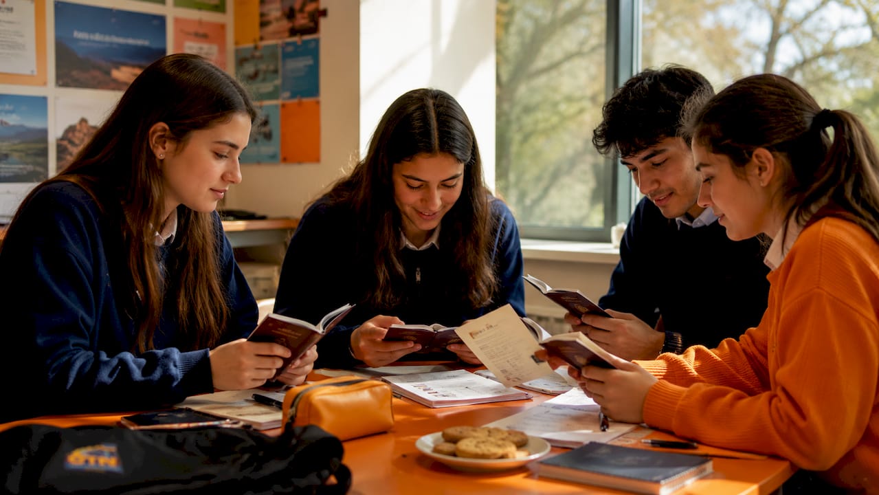 students checking passports indoors at school hallway