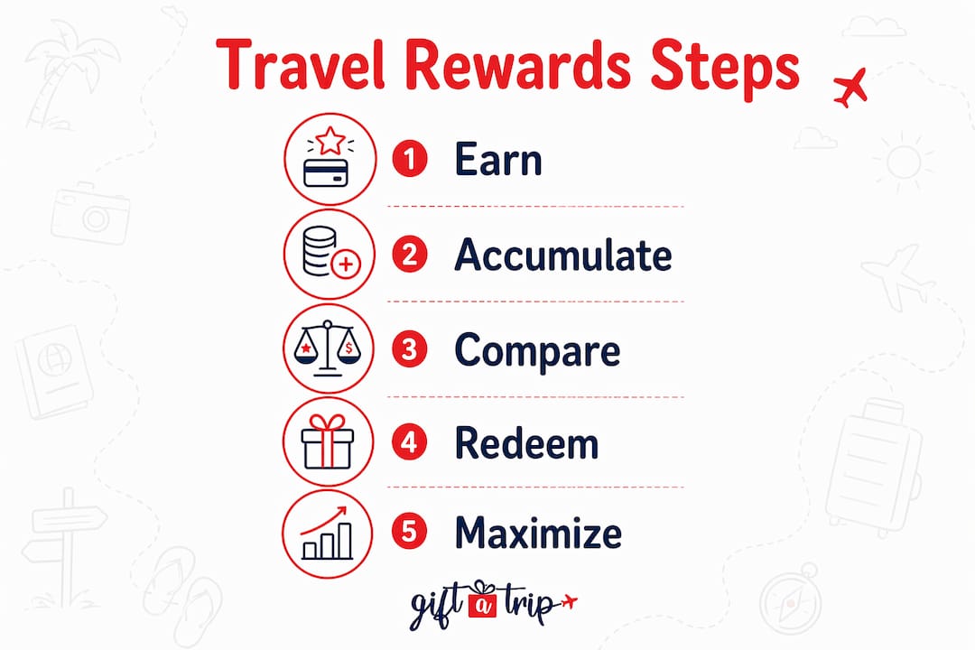 how do travel rewards work: your 2026 guide 5 infographic showing travel rewards earning and redemption steps