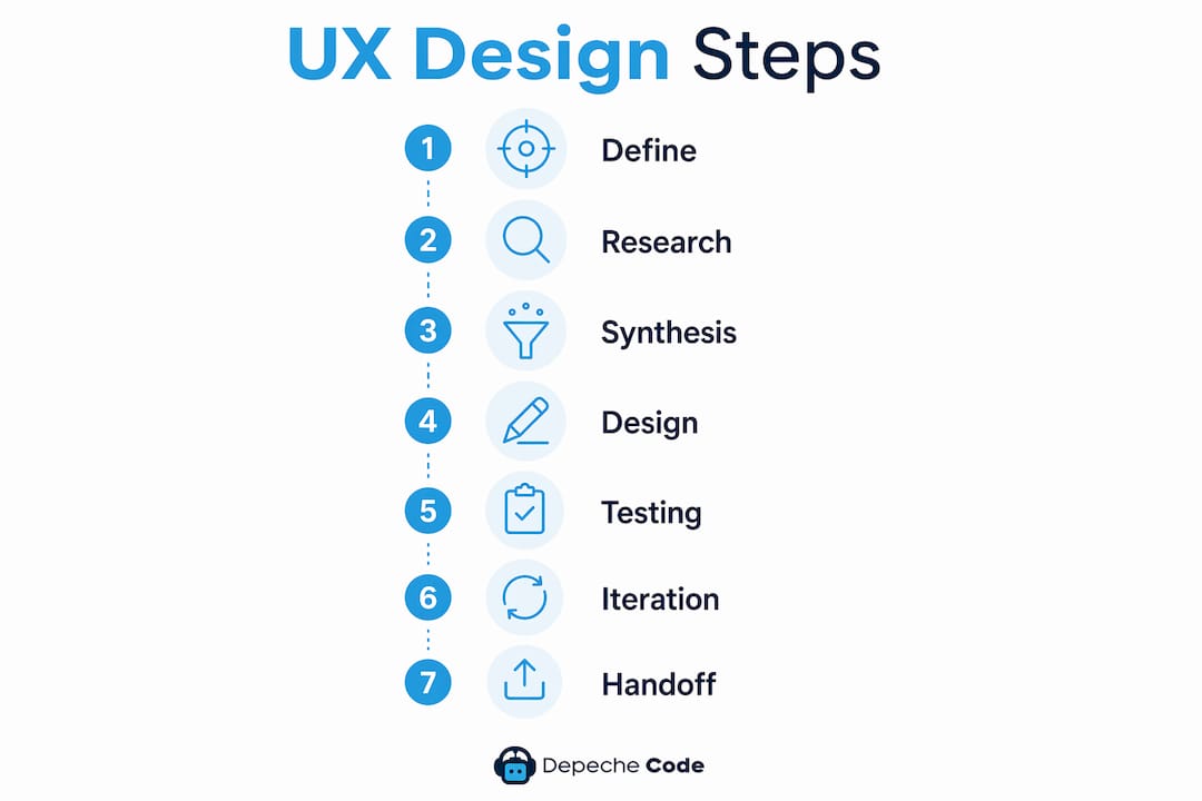 Infographic showing seven UX design steps in vertical flow