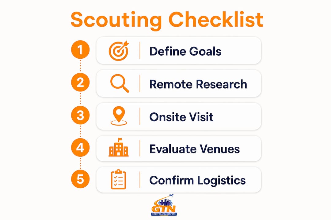 travel destination scouting: a complete guide for planners 5 infographic illustrating travel destination scouting steps