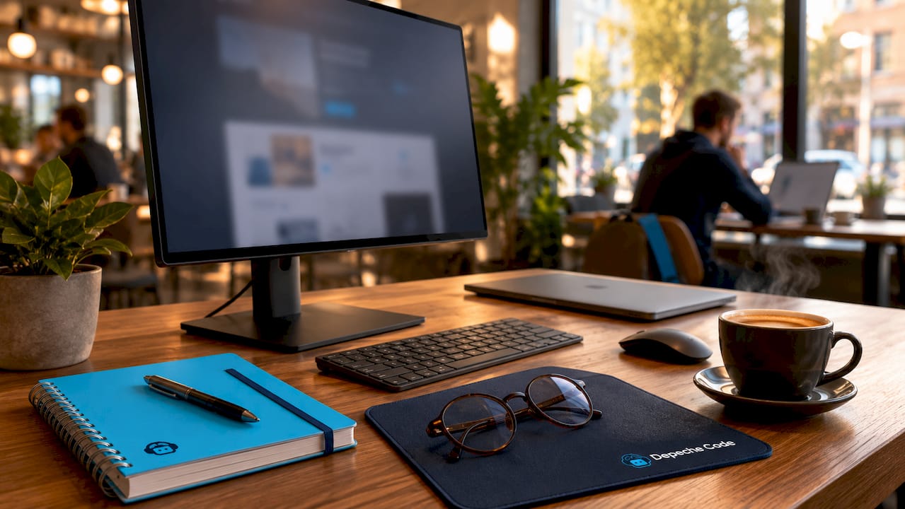 Overhead shot of landing page template on computer monitor