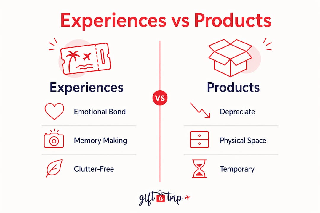 why offer experiences over products: 2026 guide 3 infographic comparing experiences and products benefits