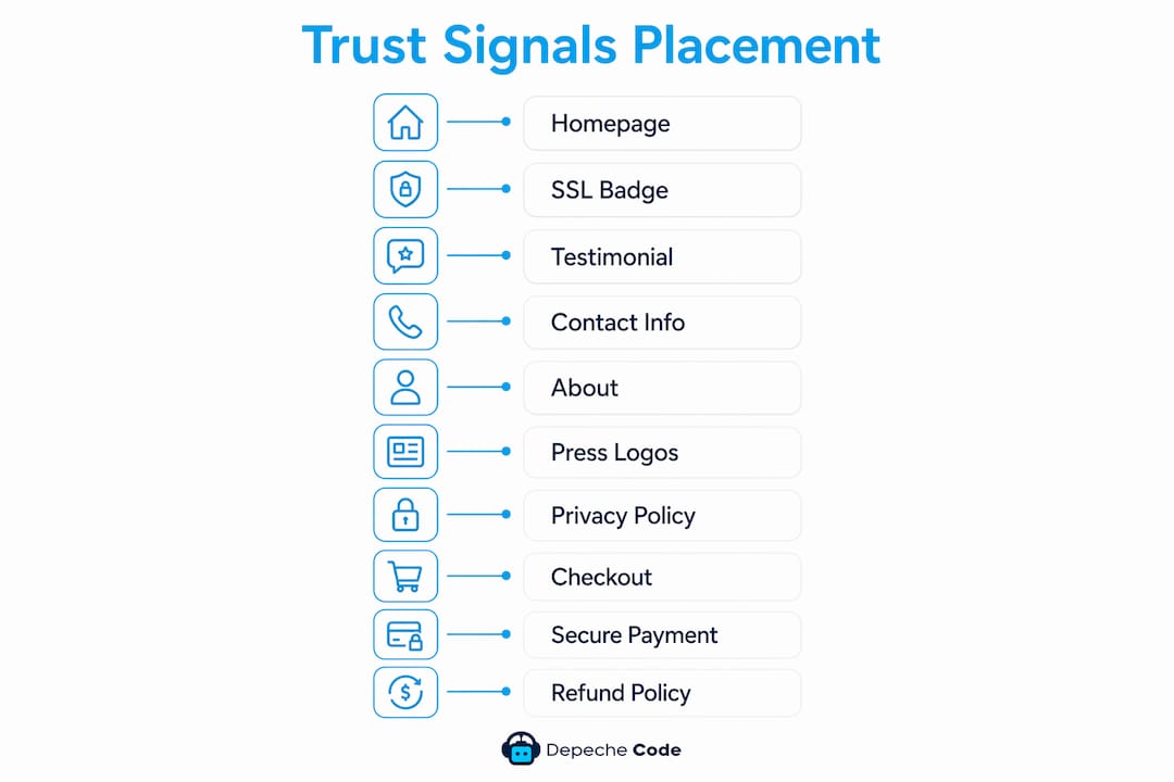 Infographic showing placement of website trust signals