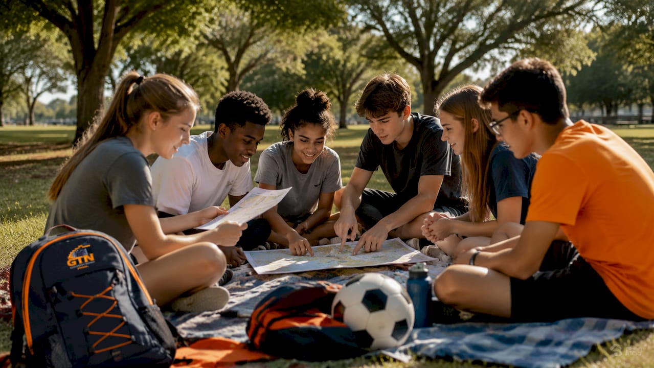 students planning sports tour indoors