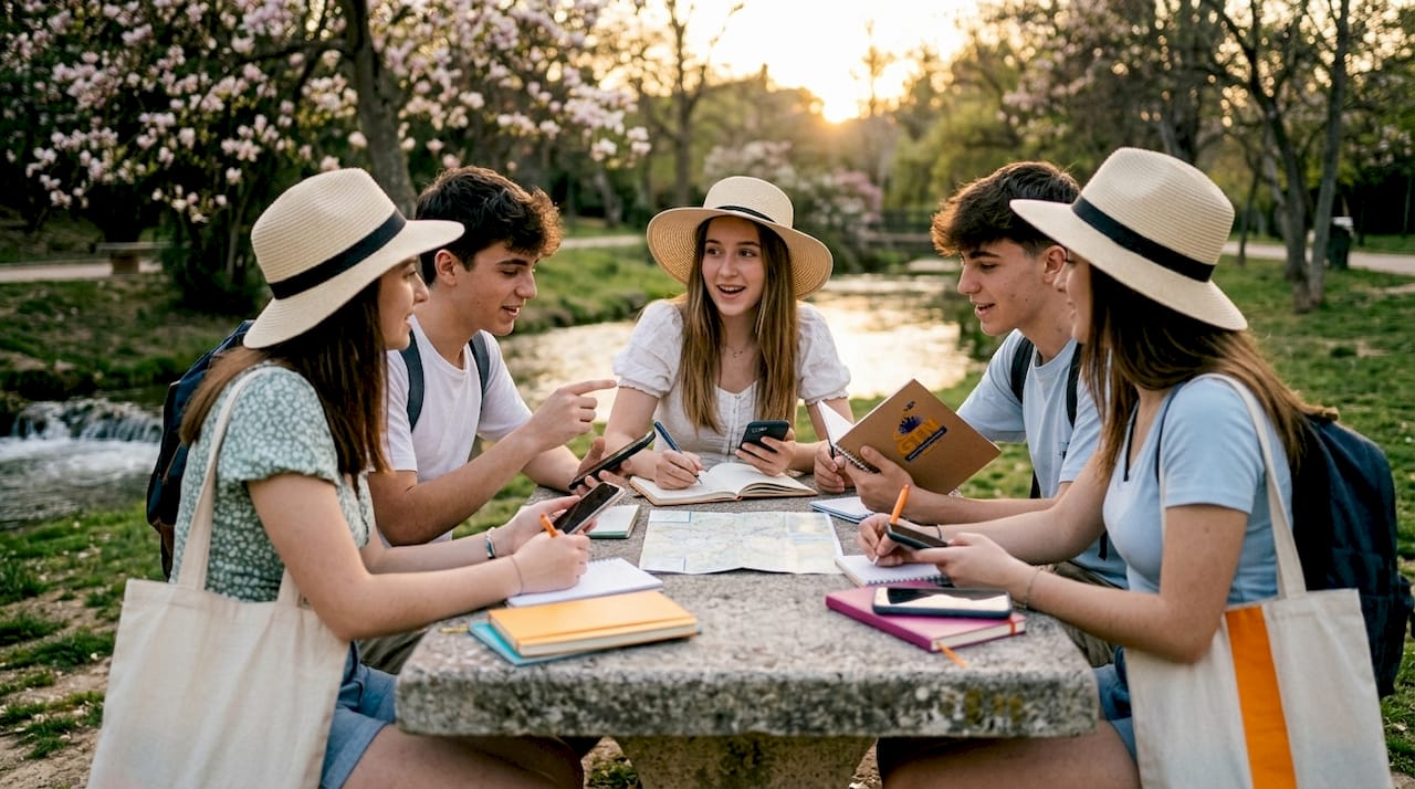 student travel group dynamics management: 2026 guide 3 students planning during group trip outdoors