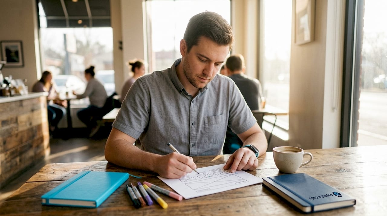 Designer reviewing homepage layout notes