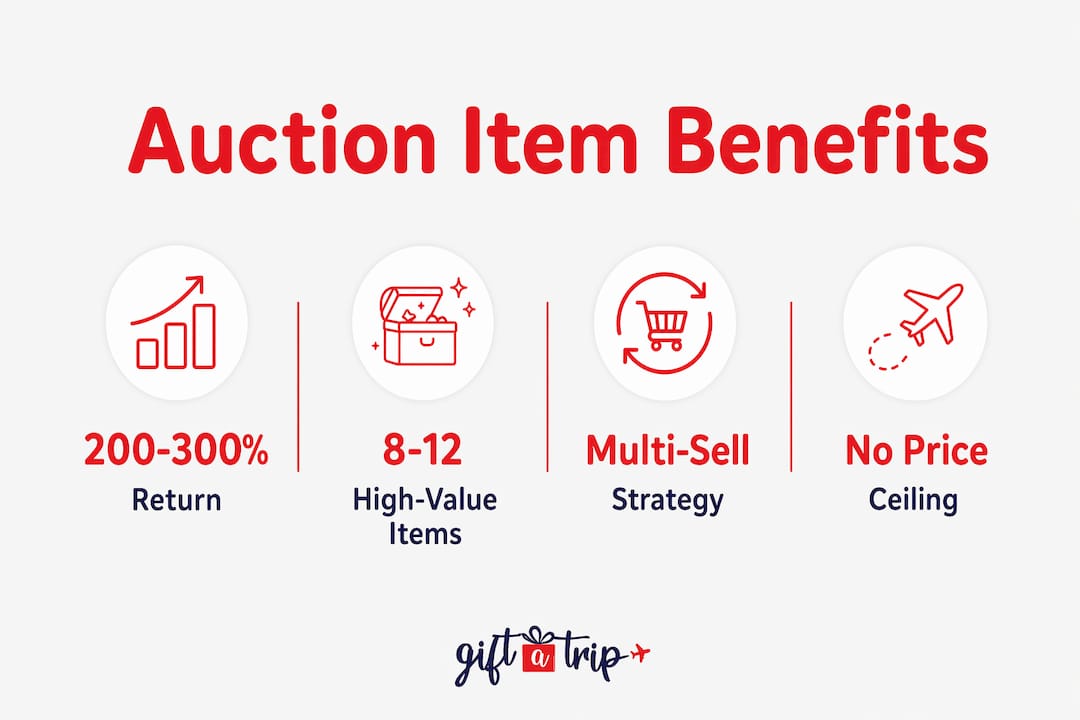 why choose experiential auction items for fundraising 4 infographic showing financial benefits of experiential auction items