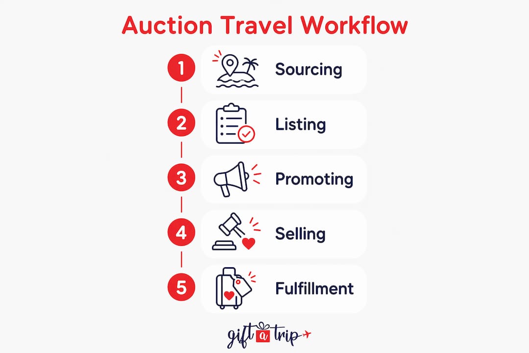 charitable auction travel workflow: your 2026 guide 4 infographic depicting charitable auction travel workflow steps