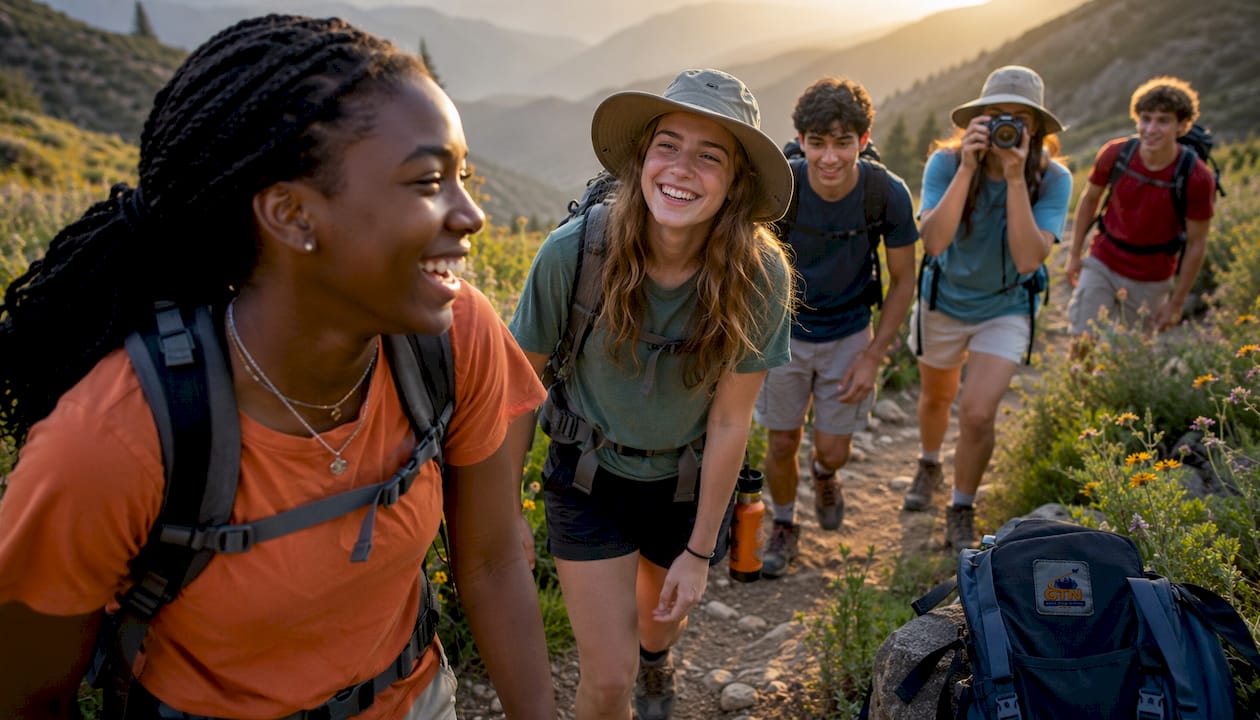youth group hiking together on forest trail