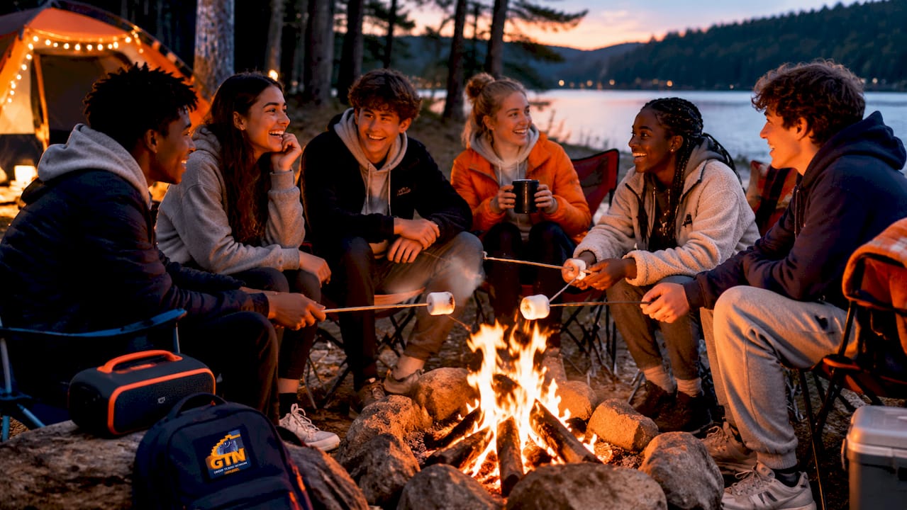 youth group sitting around campfire roasting marshmallows