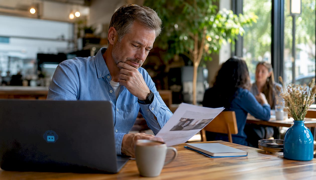 Business owner reading website proposal thoughtfully