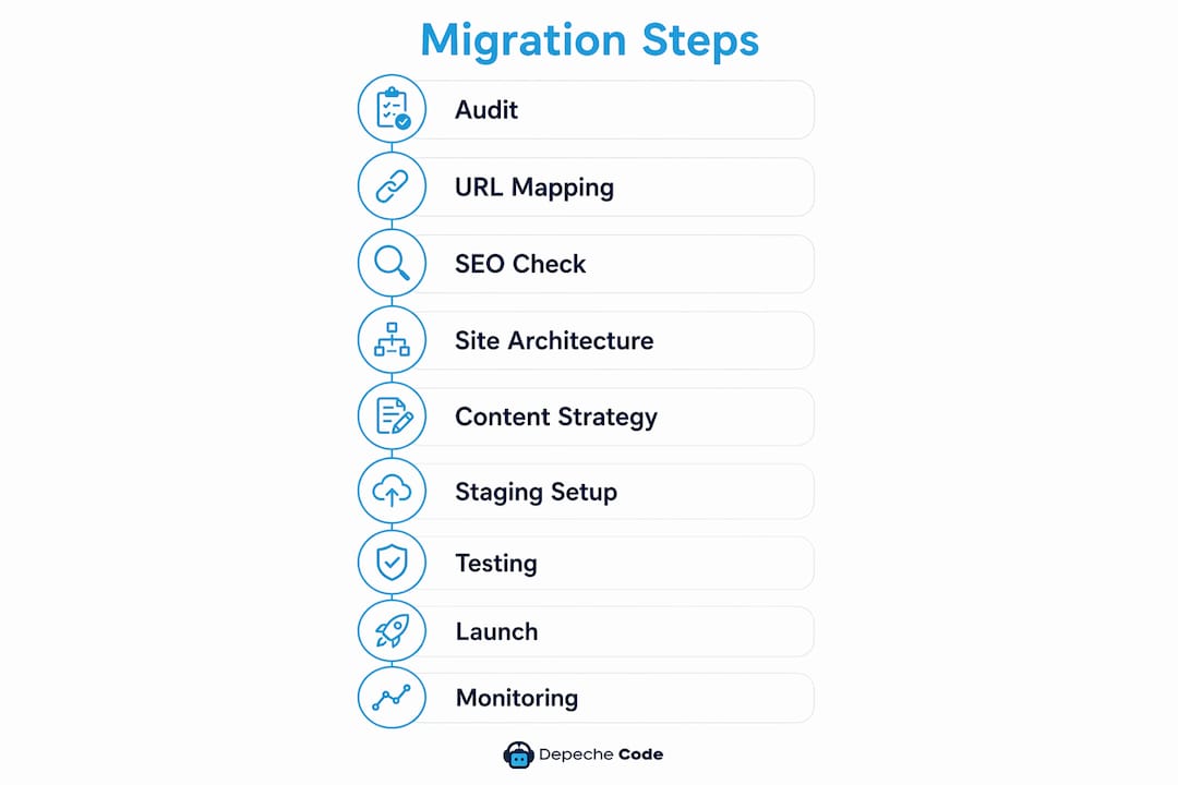 how to plan a website migration: 2026 step-by-step guide 4 infographic listing website migration steps