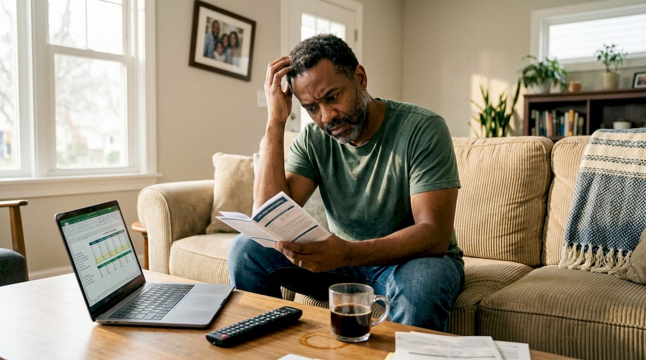 Father reading life insurance policy in living room