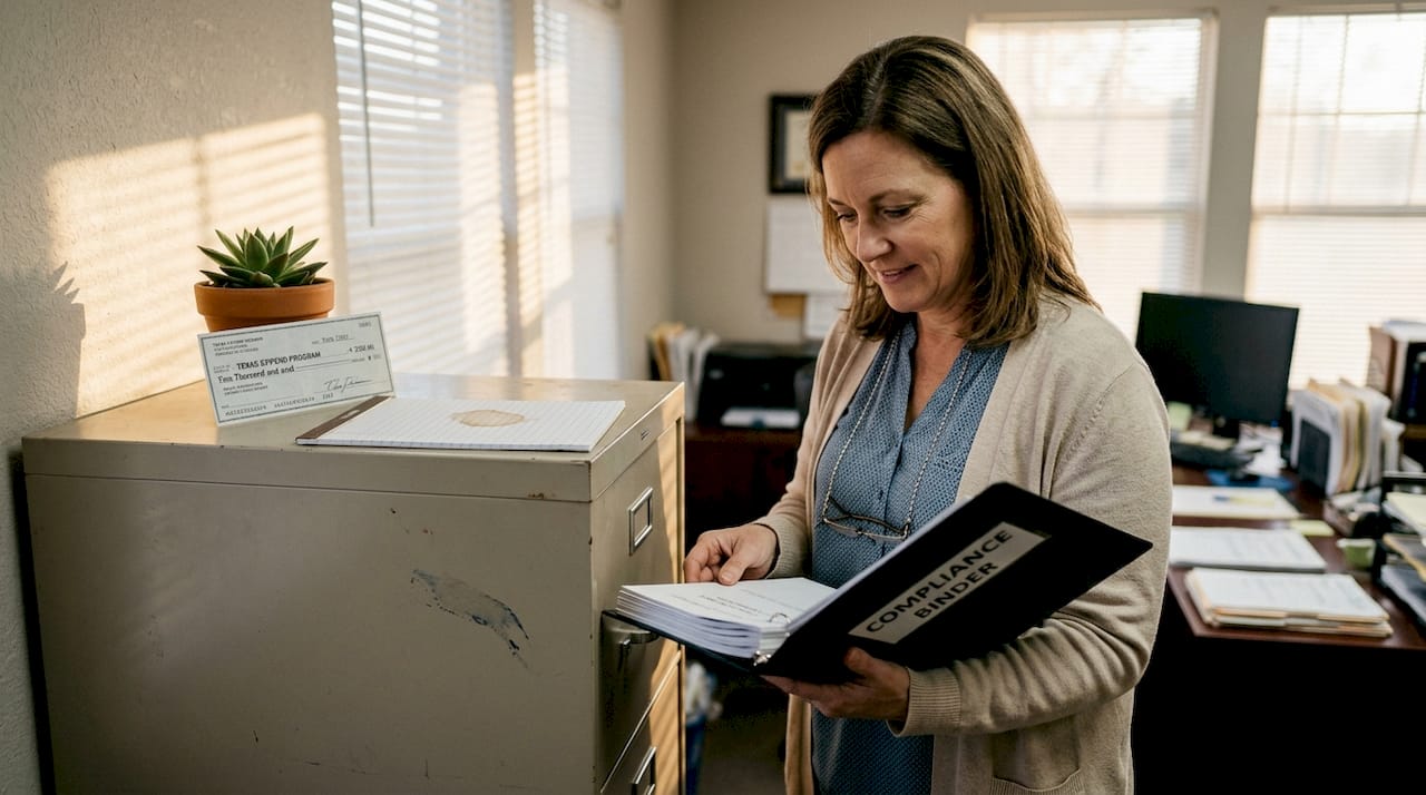 Office manager reviewing liability compliance folder
