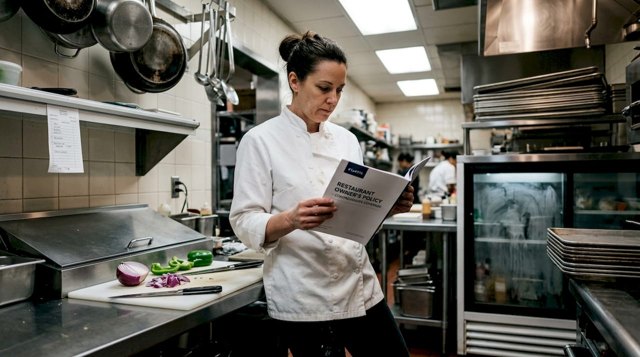 Restaurant manager reading insurance in kitchen
