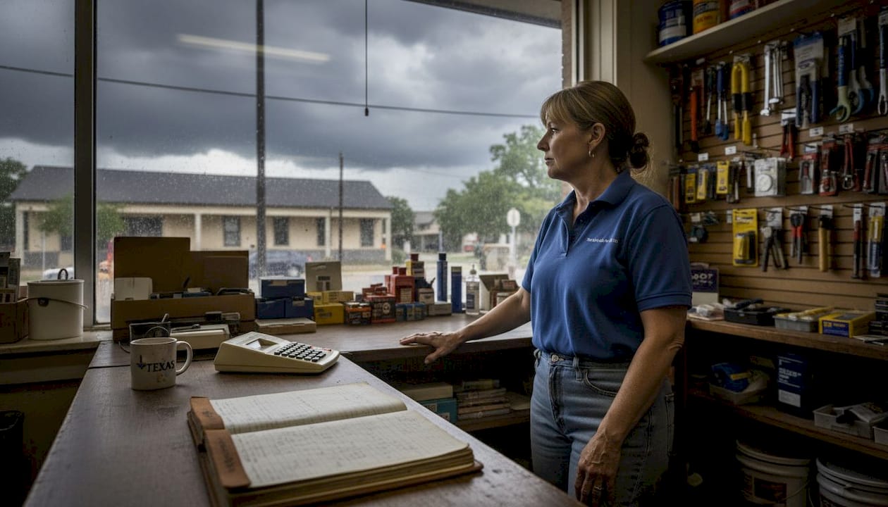 Store owner watches Texas storm from shop window