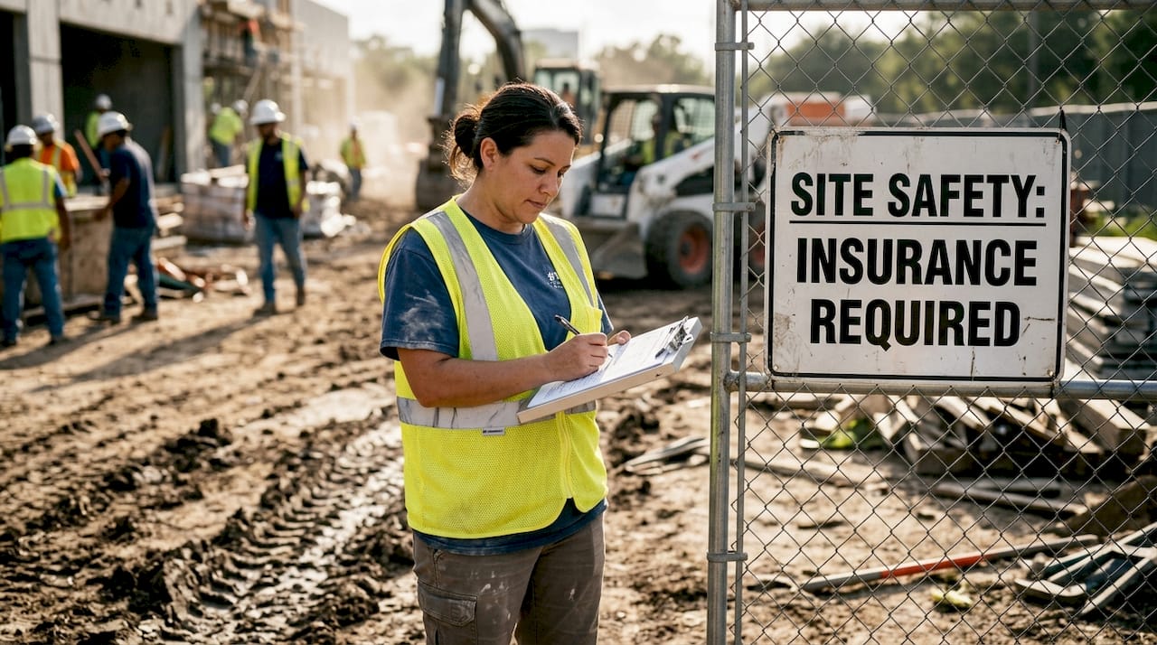 Contractor holding insurance checklist at Houston site