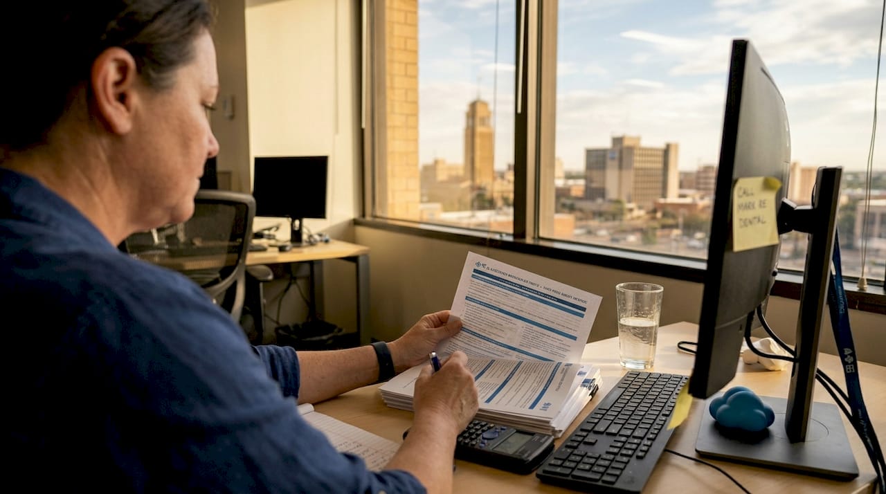 Office manager reviewing health policy paperwork