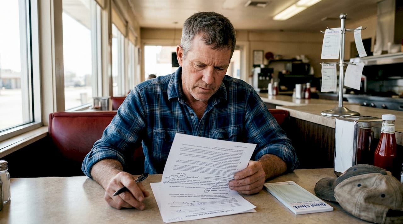Restaurant owner reviewing custom insurance policy in diner