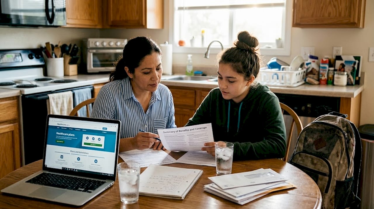 Family reviewing health plan kitchen table