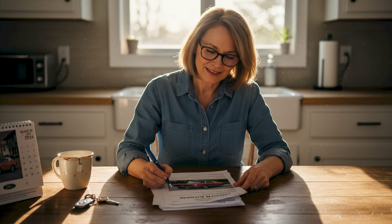 Woman reviewing classic car insurance paperwork