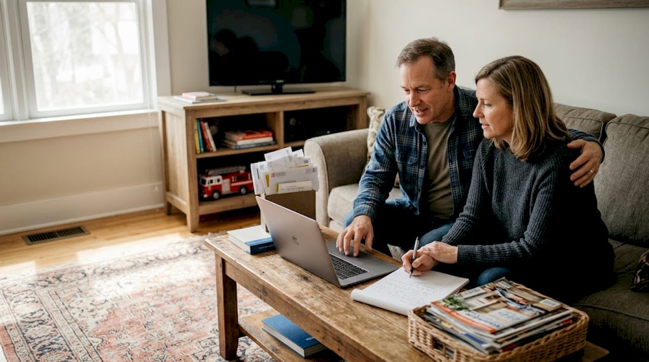 Homeowners discussing rebuild costs with laptop at home