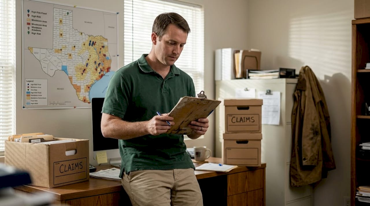Insurance agent consults map for flood and wind risks