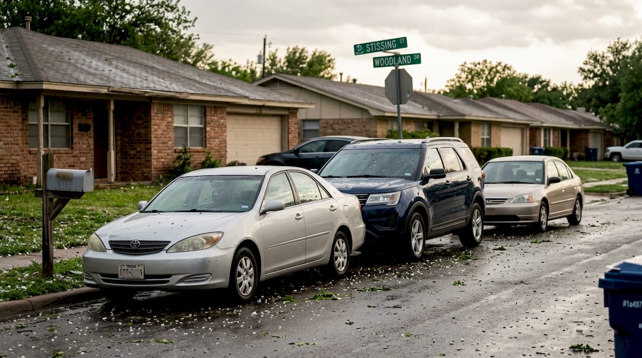 Cars damaged by hail in Dallas neighborhood