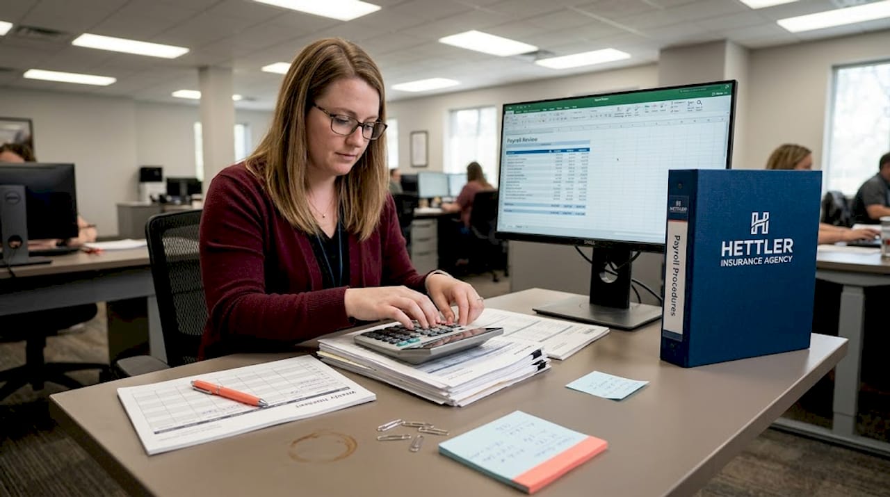 Payroll specialist reviews timesheets and forms