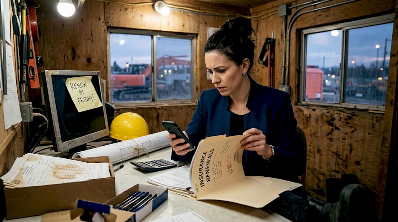 Project manager hurriedly checks insurance renewal paperwork