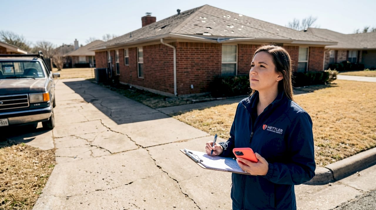 Insurance adjuster inspecting hail-damaged Texas roof