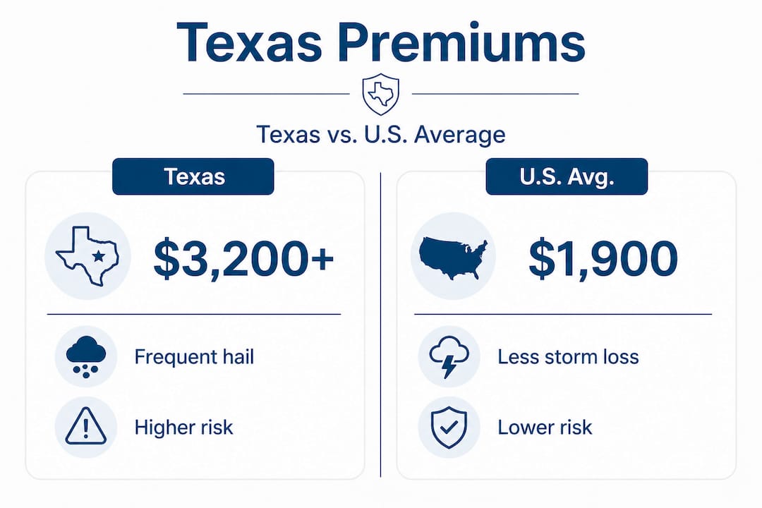 Infographic comparing Texas and average U.S. insurance premiums