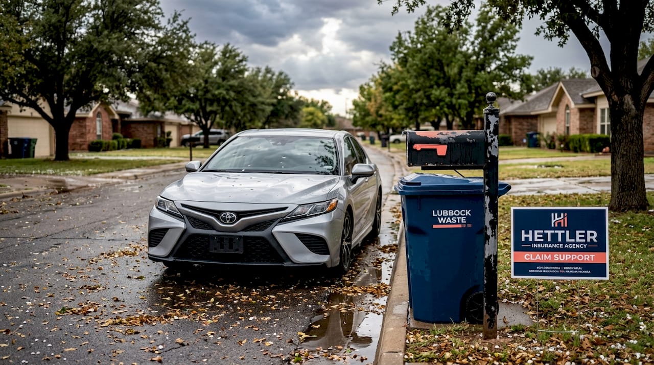 Car with hail damage on Texas street after storm