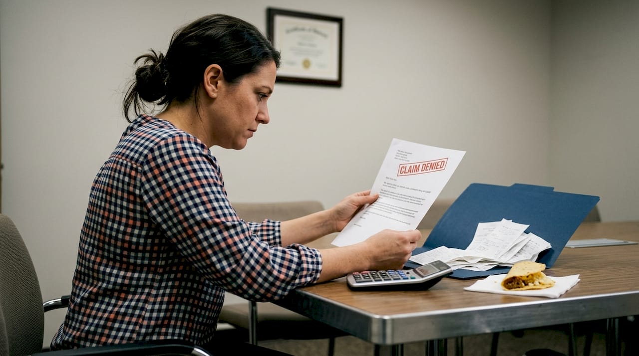 Accountant reviewing denied insurance claim in office