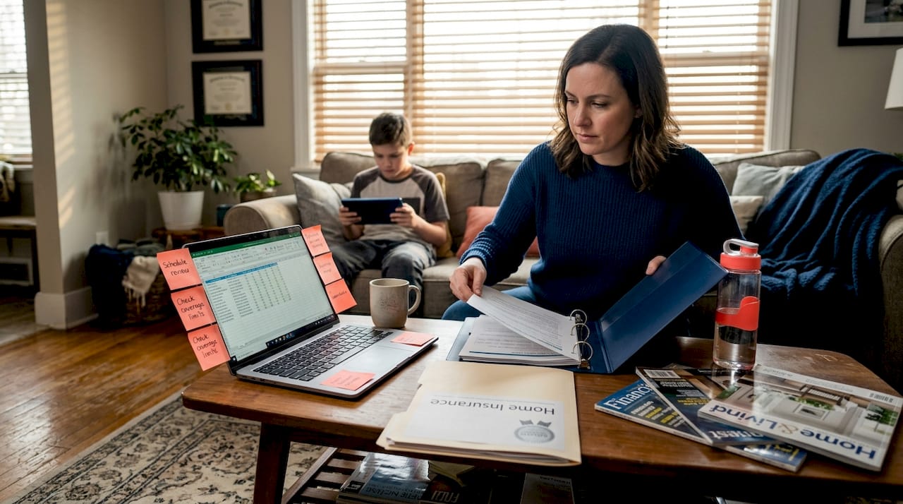 Parent organizing insurance files in living room
