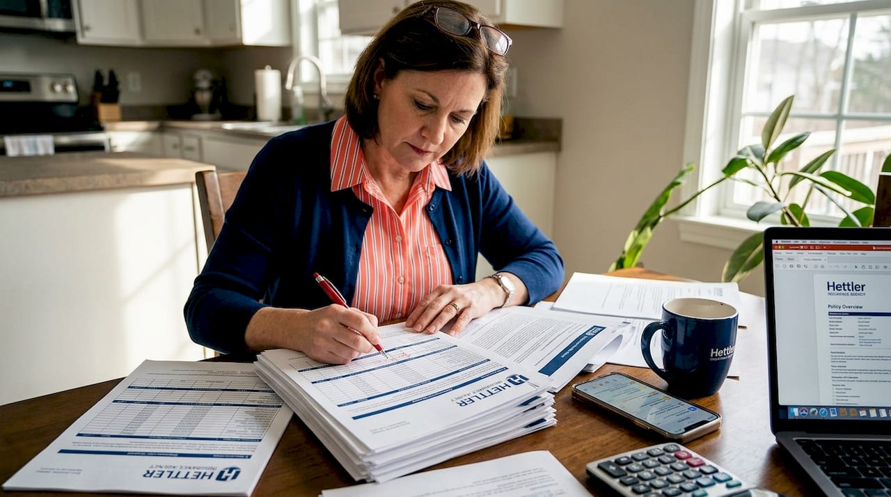 Woman reviews insurance policy at cluttered kitchen table