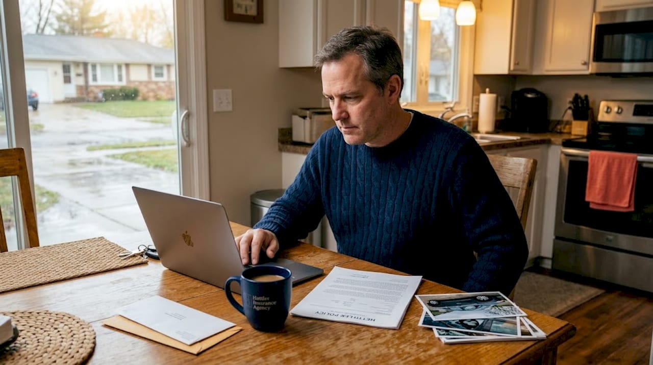 Man filing hail insurance claim at kitchen table