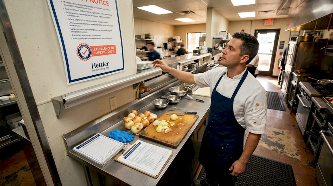 Restaurant kitchen staff checks safety notice
